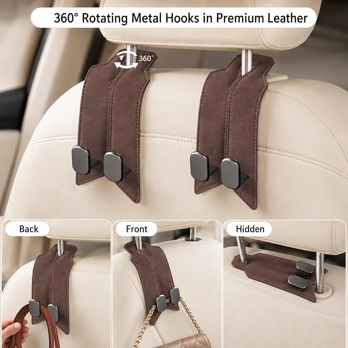 2Pcs Car Headrest Hooks with Premium Leather, Upgraded Double Metal Hooks with Anti-Drop Design, Universal Back Seat Hanger for Bags, Coats, Purses and Groceries (Classic Brown)