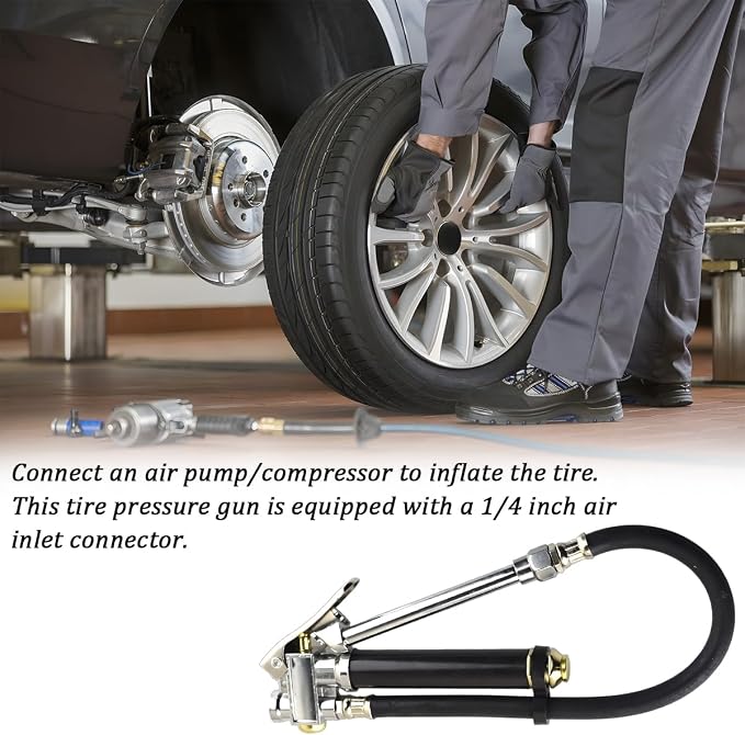 Heavy Duty Bayonet Style Tire Inflator with Air Chuck, 0-200PSI 17PCS Auto Tire Pressure Gauge with 4 Way Tool & Valve Core, Air Compressor Accessories, Universal for Sedan Truck SUV (Black)