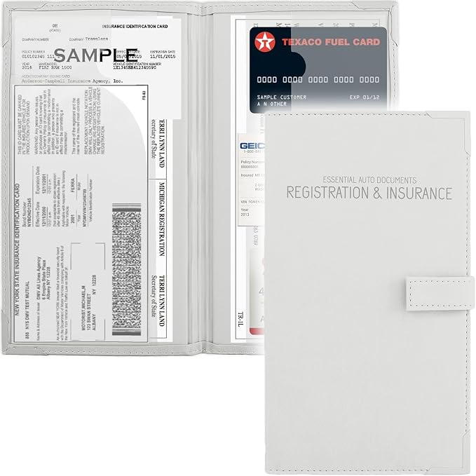 Registration and Insurance Card Holder - Car Organizer - White | Vehicle Glove Box Document Organizer, Auto Essential Paperwork Holder for Contact Information Cards, Interior Car Accessories