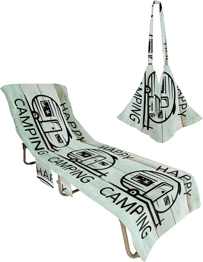 Camping Car Beach Chair Cover, Outdoor Chaise Lounge Cover for Patio Pool Sunbathing, Farmhouse Cabin Retro Green Wooden Grain Beach Chair Towel Microfiber Lounge Chair Towel Covers with Side Pockets