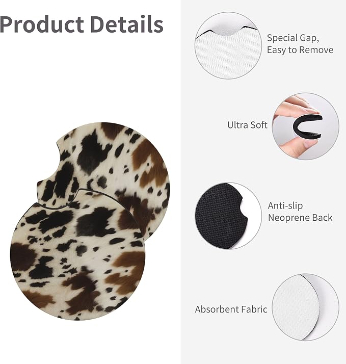 Cow Print Steering Wheel Cover - 2 Car Cattle Cup Coasters | Anti-slip Breathable Universal 14 - 15-In Vintage Cows Print Cute For Men Women
