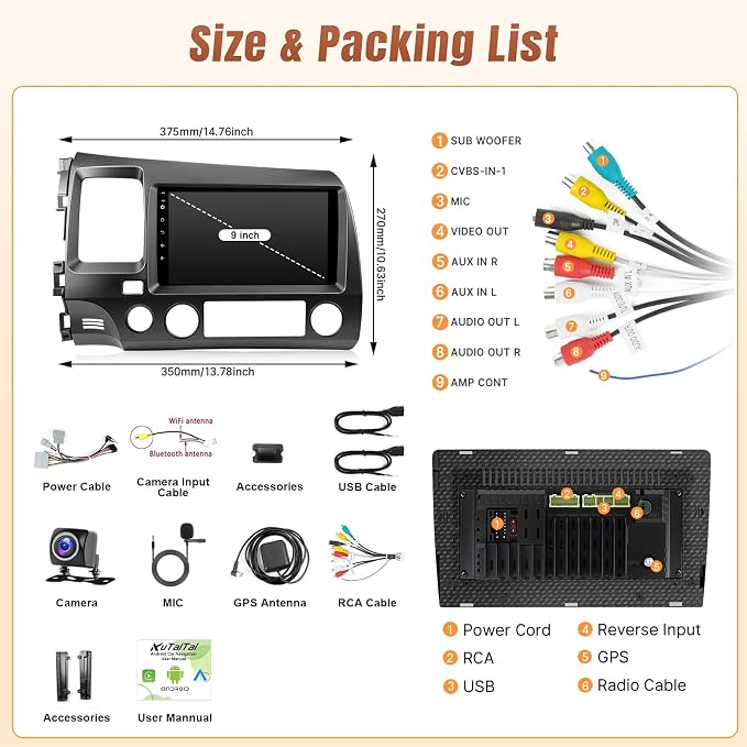 Car Radio for Honda CIVIC 2006 2007 2008 2009 2010 2011 Stereo with Wireless Carplay Android Auto - 2+32GB 9Inch Touch Screen for Civic with Bluetooth, GPS, WiFi, FM, SWC + MIC +Backup Camera