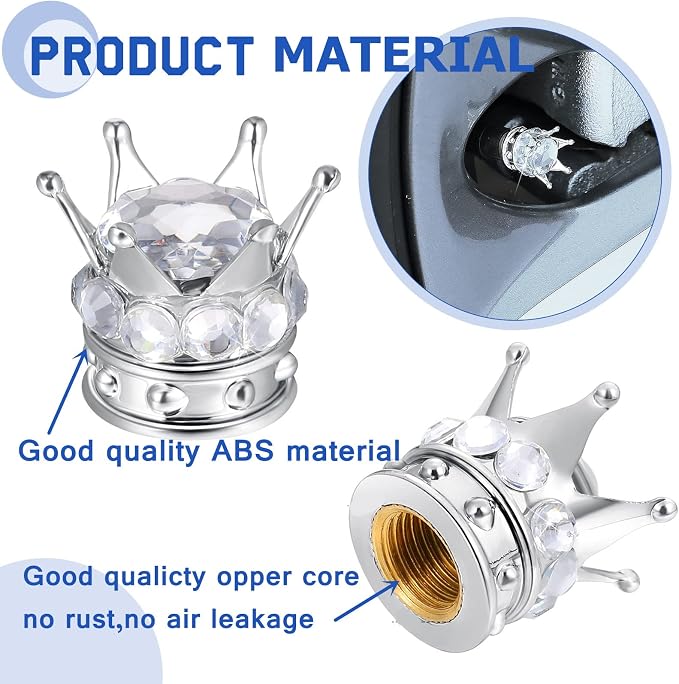 4 Pieces Crown Tire Valve Stem Caps Bling Handmade Crystal Rhinestone Universal Chrome Crown Vehicle Car Tire Caps Covers, Attractive Accessories for Car (White)