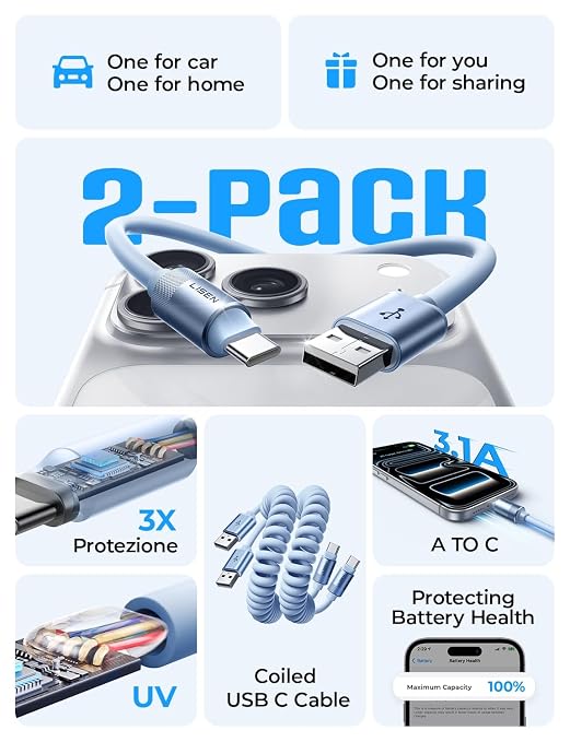 Coiled USB C Cable, 2 Pack for Android Auto & CarPlay Cable, Short USB A to USB C Cable Compatible with iPhone 17/16/15, Samsung Galaxy S25/S24/S23 A15/A14, Google Pixel 9/8, Blue 4FT