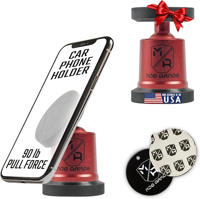 MobNetic Maxx - USA Assembled Magnetic Phone Holder for Car, Magnetic Car Phone Mount, 90-Degree Tilt, 360-Degree Rotation, Aluminum Metal, Compatible with iPhone & Android - Red