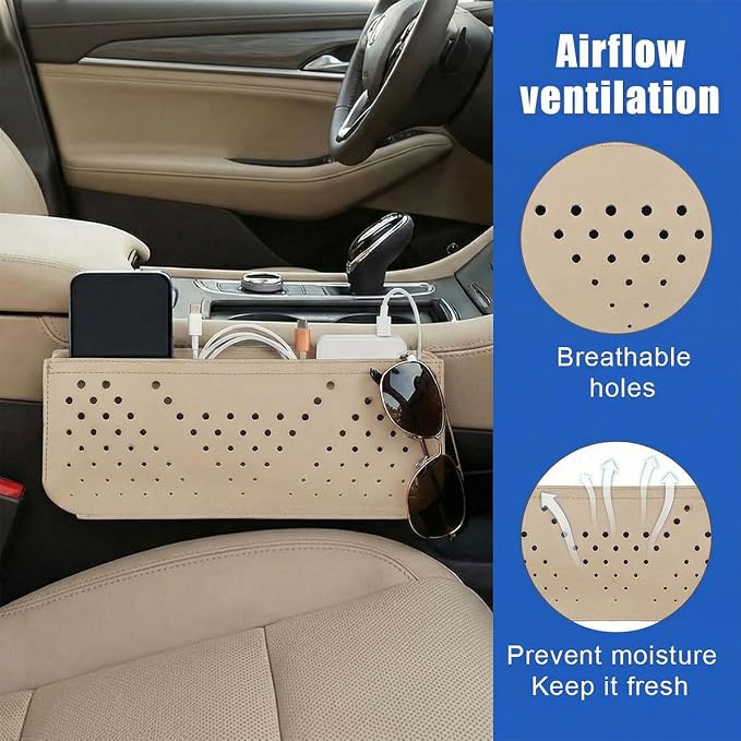 Car Seat Side Pocket Organizer, PU Leather Water-Resistant Car Console Storage Bag, Multifunctional Auto Interior Door Tray Pouch Organizer Accessories for Phone Keys Sunglasses (Beige)