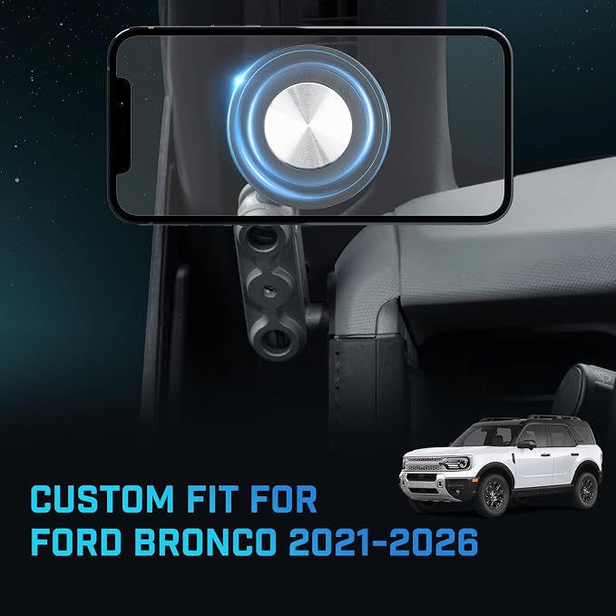 Magnetic Car Cell Phone Holder for Ford Bronco 2021-2026 Accessories, Bronco 2/4 Door Phone Mount for 4-7 Inch Phones, A-Pillar Mobile Stand with 2 Options iPhone Mag Safe & Clip-in