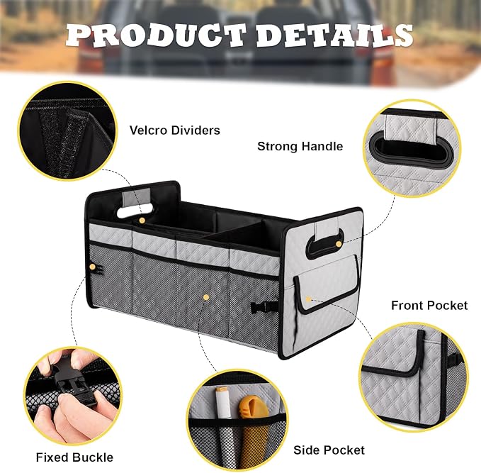 Car Trunk Organizers and Storage for SUV, Collapsible Multi Compartment Container Box Adjustable Car Accessories for Women Men, Light Grey