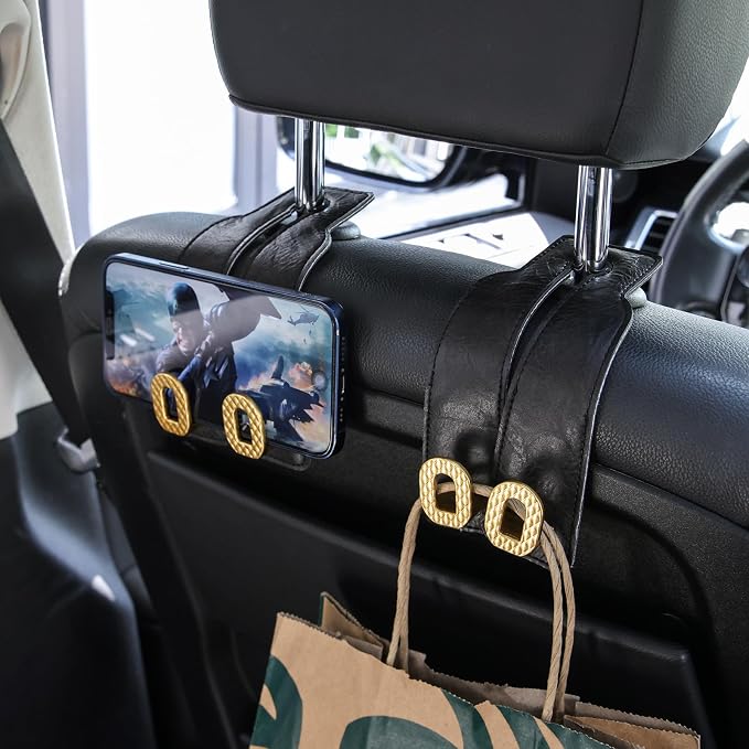 Car Headrest Hooks Universal Car Purse Hook Premium Leather and Alloy Twin Hook Car Seat Back Storage Hanger Hook for Purse Bags Cloth Drink Durable Holder Car Accessories (BH09-Black-Gold-4 Pcs)