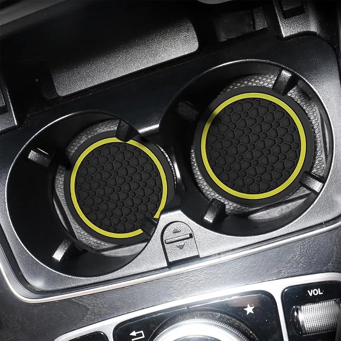 Mandark 4PCS Car Cup Holder Coasters, 2.75 Inch Non-Slip Insert Water Bottle Holder Pads, Dustproof Automotive Interior Accessories Mat, Universal for Vehicles, Trucks, RVs and More (Black/Yellow)