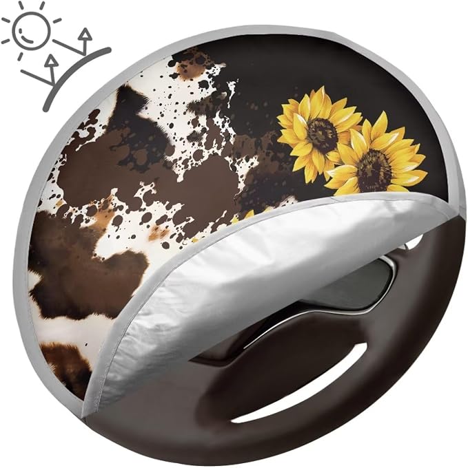 Steering Wheel Cover Sun Shade 17 inch Anti-Heat Steering Wheel Cover Sun Protection Sunflower and Brown Cow Print Car Accessories for Women Universal Fit for Most Vehicle SUV Trucks Sedan