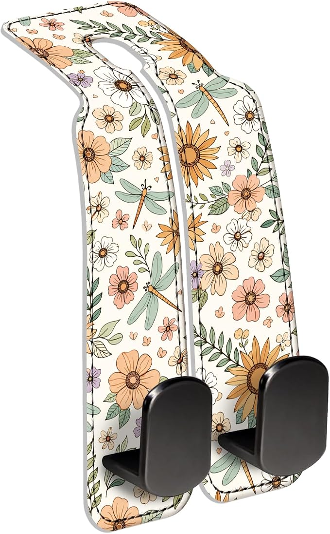 Car Seat Back Storage Hook, Funny Car Purse Hook, Cute Vehicle Storage Organizer for Purses Handbags Orange Floral Dragonfly
