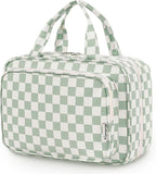 Travel Toiletry Bag for Women Large Capacity, Hanging Makeup Bag Organizer Toiletries Bag for Full Size Essentials, Accessories, Brushes, Cosmetics (Mint Green Checkerboard (Large))