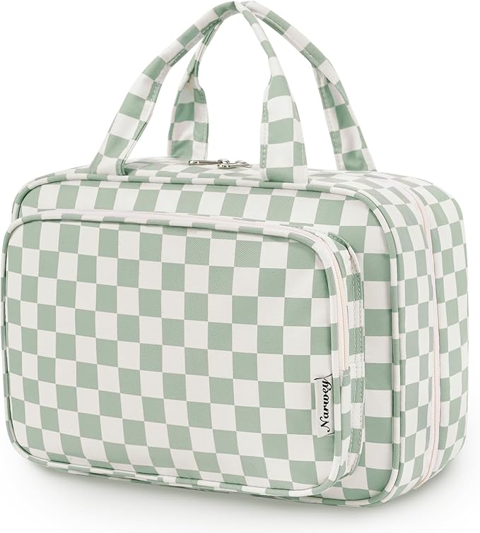Travel Toiletry Bag for Women Large Capacity, Hanging Makeup Bag Organizer Toiletries Bag for Full Size Essentials, Accessories, Brushes, Cosmetics (Mint Green Checkerboard (Large))