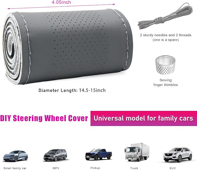 Genuine Leather Steering Wheel Cover, Stitch on Wrap, Breathable Anti-Slip Car Steering Wheel Protector for Max Diameter 15 Inch, DIY Sewing with Needles Thread (Gray, Middle Hole)