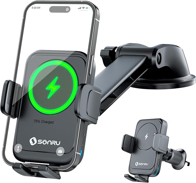 Car Phone Holder Wireless Charger, Qi 15W Wireless Car Charger Fast Charging Auto Clamping Car Charger Mount Suction Holder Dashboard Air Vent for iPhone 16/15/14/13/12/11, Samsung S25/24