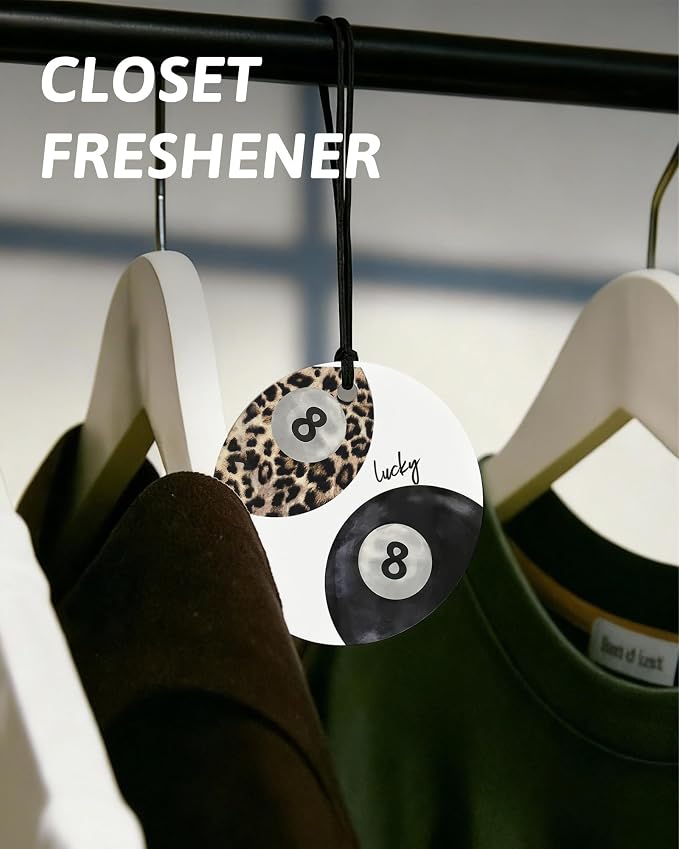 Funky Leopard Print Orange Car Air Freshener 4 Pcs, Cheetah Lucky 8 Ball Ace Card Round Hanging Air Freshener for Cars Closet Drawer Books, Girly Y2k Car Accessories Mirror Decor for Women