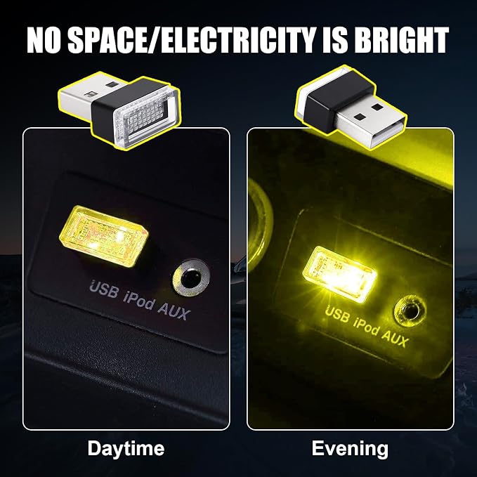 4 PCS USB LED Car Interior Atmosphere Lamp, Portable Mini LED Night Light, Plug-in USB Interface Trunk Ambient Lighting Kit, Universal Car Interior Accessories (Yellow)