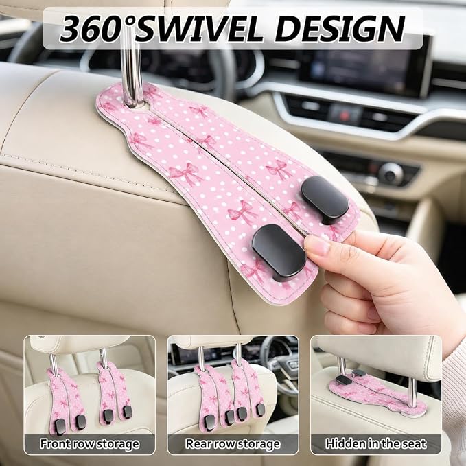 Cute Pink Bow Car Seat Back Storage Headrest Hooks for Purses & Bags – 2PCS PU Leather Dual Metal Hooks, Backseat Organizer Accessories