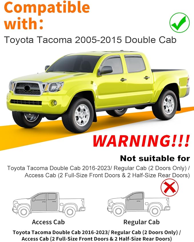 Extra-Thick Window Rain Guard for Toyota Tacoma 2005-2015 Double Cab Rain Guards Tape-on Side Truck Window Visors Low Profile Vent Visor Window Deflectors Vent Shades Car Accessories