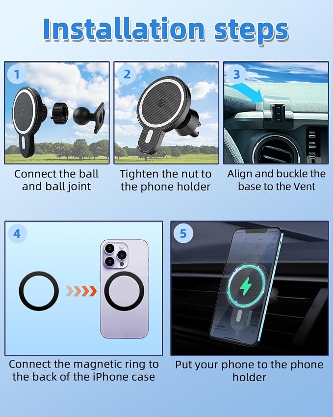 PZK Car Phone Holder for Toyota Tacoma 2016-2023 Accessories Custom Vent | Magnetic 15W Fast Wireless Charger Phone Mount for 3rd Gen Tacoma with Magsafe Fixed Clip Hands Free 360° Rotation Cradle