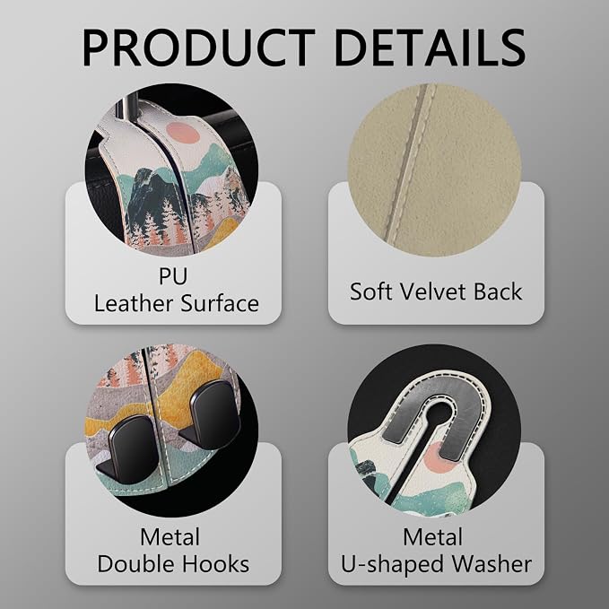 2PCS Car Seat Back Storage Headrest Hooks, Sunrise Purse Holder Bags Hanger, PU Leather Double Metal Hook for Backseat Organizer, Women Car Accessories Organization