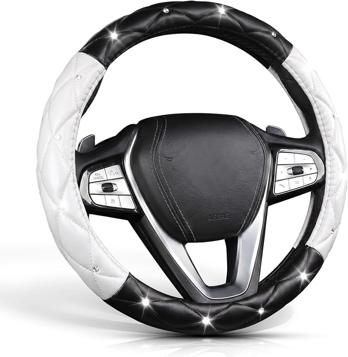 Black and White Steering Wheel Cover, Auto Cute PU Diamond Bling Comfort Leather Car Interior Accessories Protector Sparkly Fit Most O-Shaped Steering Wheels