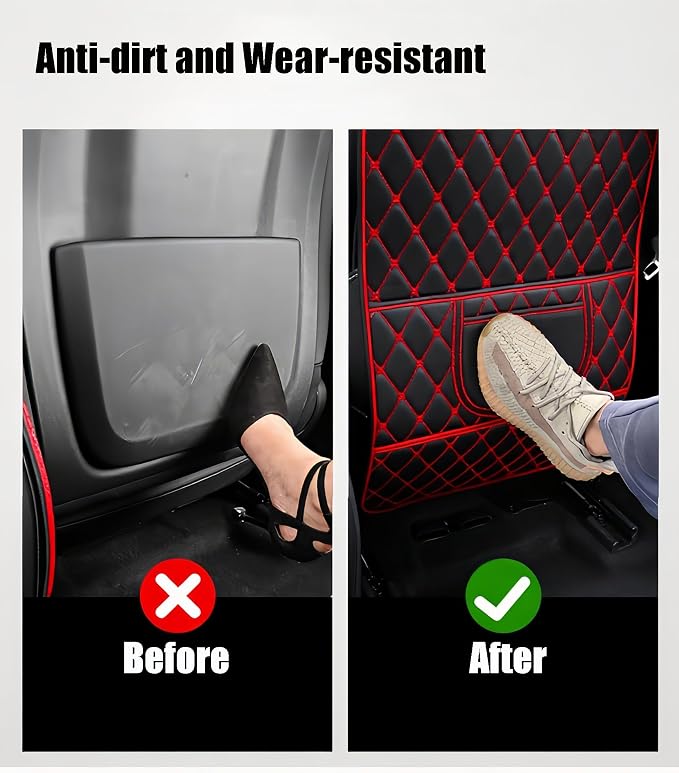 Leatherette Car Seat Protector - 2 Pack Large Car Kick Mats with Storage Organizer Seat Back Cover Against Dirty Shoes & Scratches, Universal Fit for Most Vehicles (Black with Red Line)
