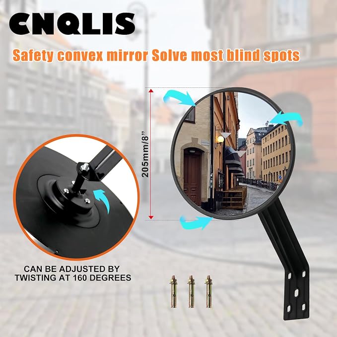8 Inch Convex Mirror Outdoor with Adjustable Wall Fixing Bracket,Blindspot Traffic Mirror for Driveway Garage Park Outdoor Wide Angle View Curved Security Blind Spot Mirrors
