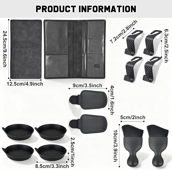 Car Accessories Gift Set for New Drivers, 13PCS Everyday Car Essentials Kit with Registration Insurance Holder, Cup Holder Coasters, Headrest Hooks & Cleaning Brushes for Men & Women