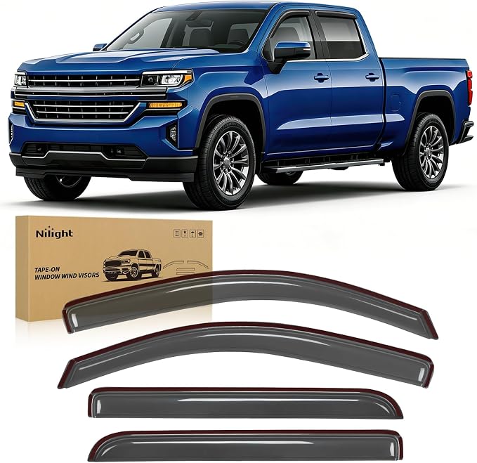 Tape-On Window Visors for Chevy Silverado 1500/GMC Sierra 1500 Crew Cab 2014-2018 Rain Guards Wind Deflectors Vent Shades, Smoke Sun Rain Guard, 4PCS