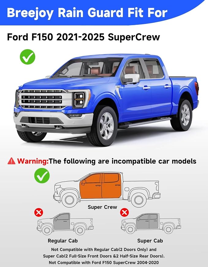 in-Channel Rain Guards Fit for Ford F150 2021-2026 SuperCrew, Extra Durable Window Rain Guards Visors, Vent Visors, Window Deflector, Vent Shades Truck Car Accessories -4 pcs