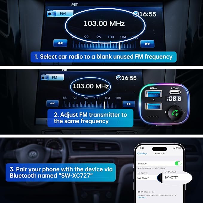 Bluetooth 5.4 FM Transmitter Car Adapter 48W(PD 36W & 12W) [Light Switch] [Hi-Fi Deep Bass] [Fast Charging] Wireless Radio Music Adapter LED Display Hands-Free Calling Support USB Drive