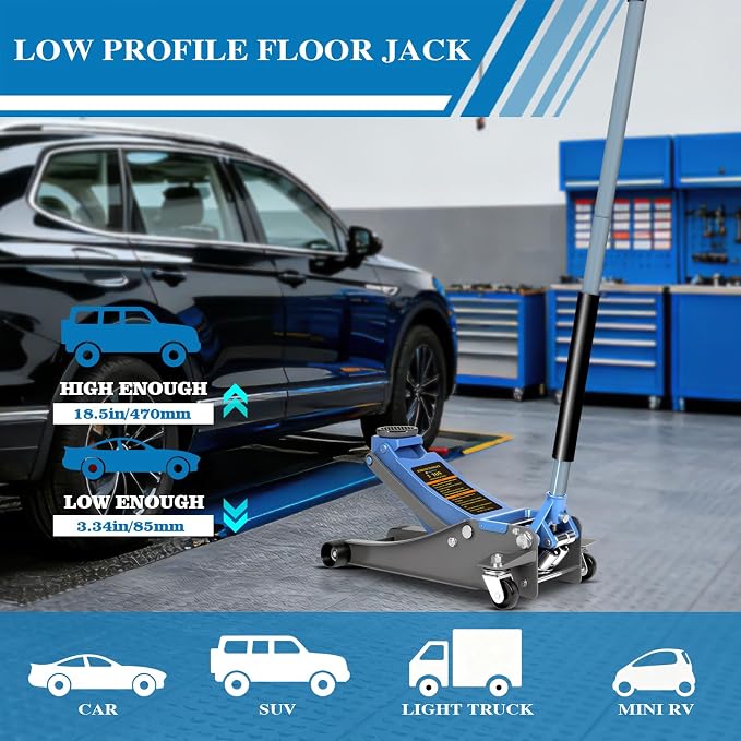 3 Ton Low Profile Floor Jack - Heavy Duty Steel Hydraulic Car Jack with Dual-Piston Rapid Lift Pump, 3.34"-18.5" Lifting Range, Magnetic Parts Tray, Blue
