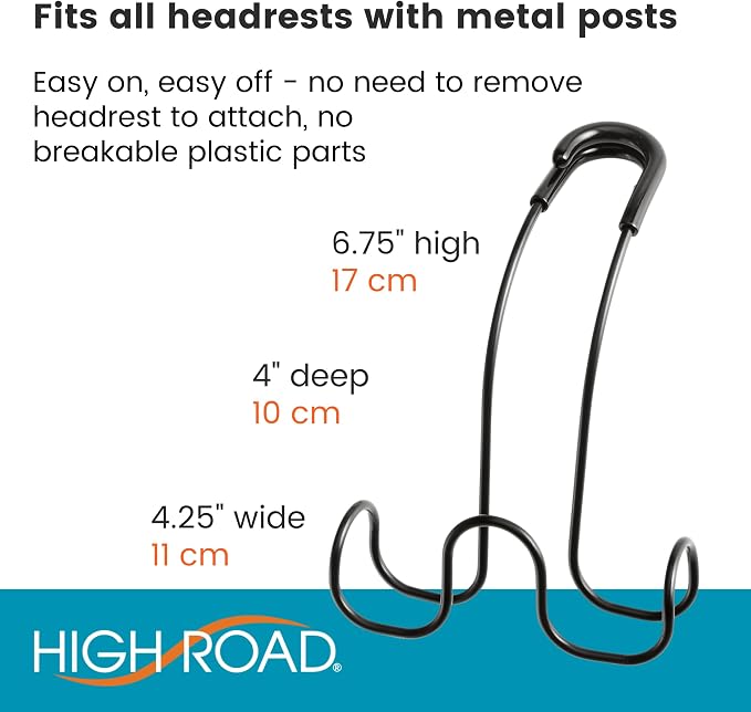 Metal Car Hooks for Purse and Bags - Unbreakable Headrest Car Hooks for Large Purse Straps and Heavy Bags up to 40 lbs - Secure Attachment Loops Fit All Headrest Posts (Triple Hook 2-Pack)