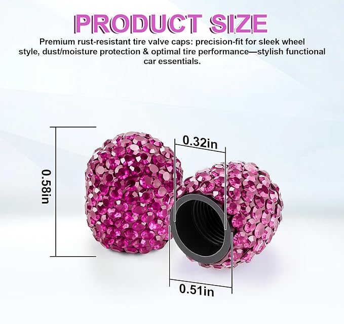 4 Pack Handmade Crystal Rhinestone Tire Valve Stem Caps, Universal for Cars, Trucks and Motorcycles - Violet Red