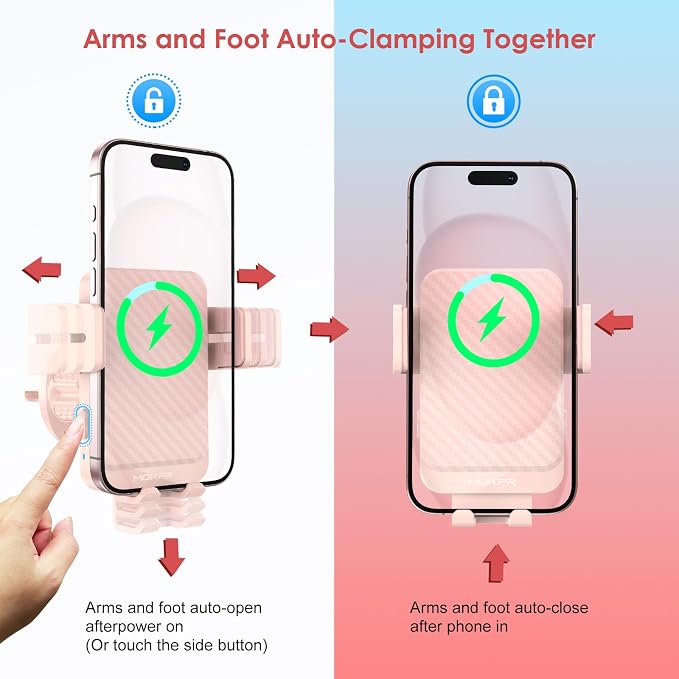 Wireless Car Charger, 15W Fast Charging Auto-Clamping Car Charger Phone Mount Air Vent Cell Phone Holder Compatible iPhone 16/15/14/13/13 Pro/12 pro/12/11, for Samsung Galaxy S23/S22/S21, Pink