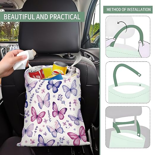 Cute Car Trash Can, Hanging Canvas Car Back Seat Organizer and Storage Bag, Funny Car Trash Bag for Travelling, Outdoor Cute Purple Butterfly