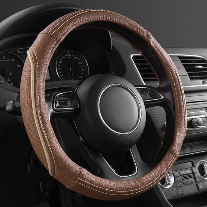 Brown Delux Leather Steering Wheel Cover, Universal Fit for Suvs,Sedans,Vans,Small Trucks for 14.5" to 15"(Brown & Beige Piping)