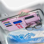 Car Sun Visor Organizer, Leather Storage Pocket Sun Visor Pouch with Zipper for Cards License Registration Pen Glasses Document, Fits Most Car SUV, Auto Interior Accessories (Pink)