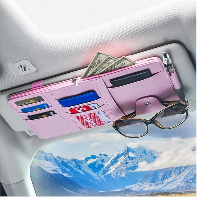 Car Sun Visor Organizer, Leather Storage Pocket Sun Visor Pouch with Zipper for Cards License Registration Pen Glasses Document, Fits Most Car SUV, Auto Interior Accessories (Pink)