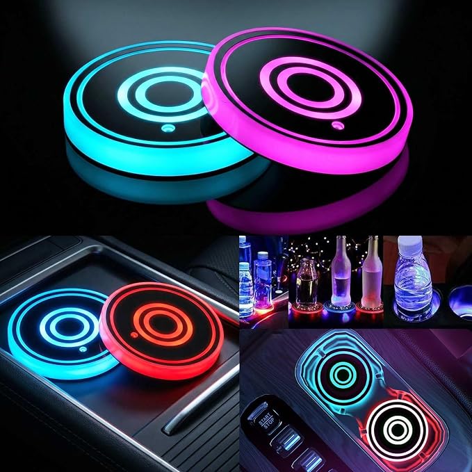 2PCS LED Car Cup Holder Lights, Light up Car Coasters for Cup Holders 7 Color-Changing Light Up Cup Holder Insert Coasters, Waterproof Car Accessories for Teens, Car Gifts for Men & Women