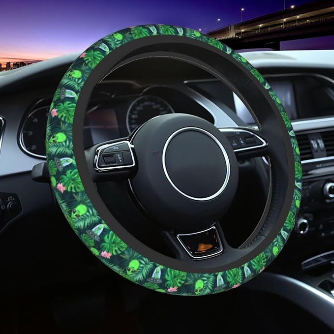 Alien Palm Leaf Flower Spaceship Steering Wheel Cover Car Accessories Cute for Women Girls Girly Universal 15 Inch Neoprene Auto Interior Decor Anti Slip Car Truck Protector