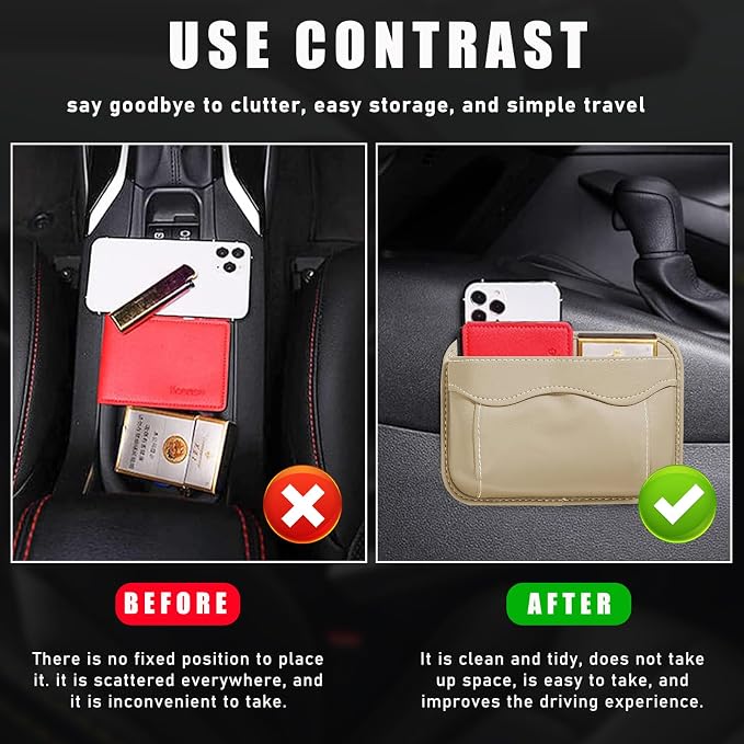 Car Seat Side Pocket Organizer, PU Leather Cell Phone Sunglasses Storage Pocket, Mini Seat Gap Filler Pouch for Auto Seat Door Window Console, Interior Car Accessories (Beige)