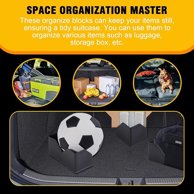 4PCS Car Trunk Organizer Blocks with Hook and Loop Fastener, Automotive Tidy Storage Organisation Accessories for Truck, SUV, Sedan, Available to Wool Carpet (Black)