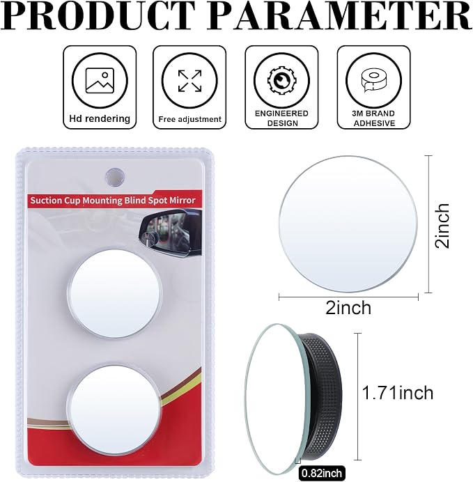 Blind Spot Car Mirror, 2" Round HD Glass Frameless Convex Side Mirror Blindspot, Reusable 360° Wide Angle Rear View Car Mirrors with Powerful Adjustable Suction Cup - Exterior Mirrors