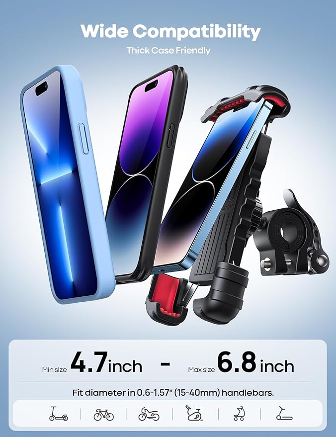 Bike Phone Holder, Motorcycle Phone Mount - Motorcycle Handlebar Cell Phone Clamp, Scooter Phone Clip for iPhone 14 Plus/Pro Max, 13 Pro Max, S9, S10 and More 4.7" - 6.8" Smartphones, Red