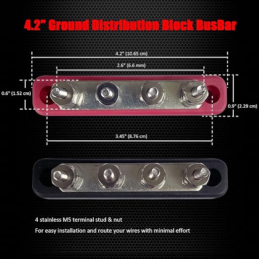 4 x #10 (M5) Studs Bus Bar, 4.2" Power/Ground Distribution Block Brass Battery BusBar Junction with Cover for Auto Boat Amplifier and More (Red & Black)