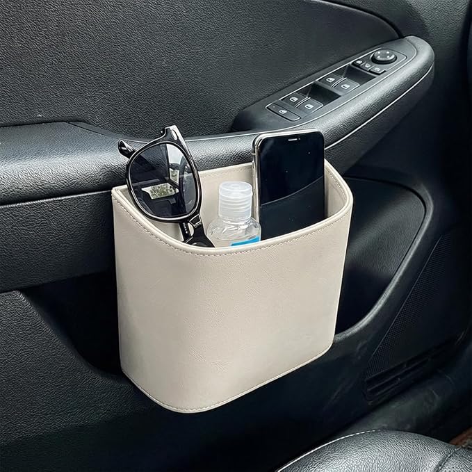 Leather Car Trash Can, Clip on Small Car Garbage Can, Waterproof Leakproof Back Seat Trash Bin, Multifunctional Vehicle Storage Organizer for Trucks, SUVs (White)