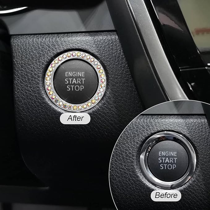Bling Car Engine Start Ring Decals, 2PCS Crystal Rhinestone Vehicle Push Start Button Cover Sticker, Key Ignition Knob Ring, Sparkling Automotive Interior Accessories (AB Color)